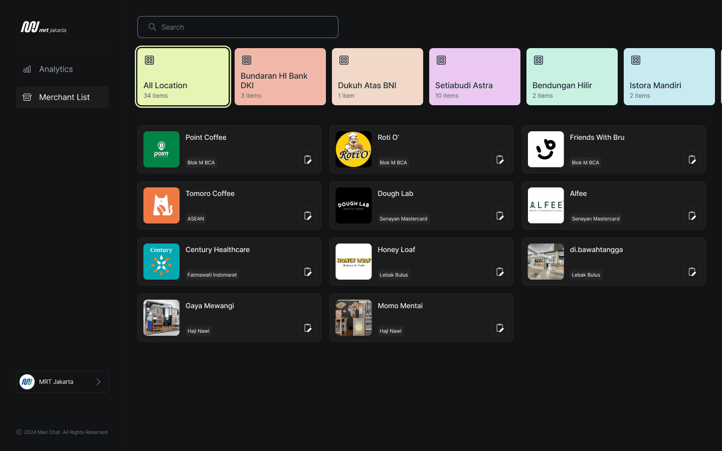 Dashboard Merchants List